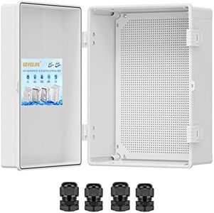 Outdoor Electrical Box Waterproof, ABS Plastic Junction Box IP67 Hinged Cover Project Box with Mounting Plate Wall Brackets and 4 Cable Glands, Grey Electrical Enclosure 15.7"x11.8"x7.1"