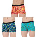 Bummer Men's Printed Micro Modal Trunks Underwear | Ultra Soft & Breathable | Combo Pack of 3 (in, Alpha, M, Bricked, Lazy Luna, Mc Bum)