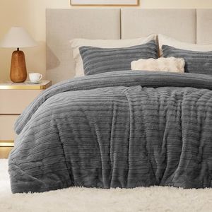 BEDELITE Fleece King Comforter Set -Super Soft & Warm Fluffy Grey Faux Fur Bedding, Luxury Fuzzy Heavy Bed Set for Winter with 2 Pillow Cases