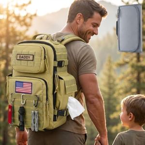 SHARKMOUTH Military Diaper Bag for Dad: 900D Polyester Ripstop 300% Tougher - 40L Large Capacity with Changing Mat for 72H Hiking/Camping Outdoor Activities - for Outdoor Enthusiast Dads (Tan)