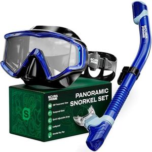 Pano 3 Snorkeling Set with Dry Top Snorkel, 180° Panoramic Dive Mask Tempered Glass Three-Window Scuba Mask, Foldable Silicone Tube Anti-Leak Gear for Men Women Teens Adults, Blue - Ocean Explorer