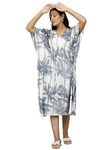 Ravaiyaa - Attitude is everything Indian Handmade Printed Cotton Short Kaftan Women Beach Wear Kimiono Gown Dress (Grey Palm Tree)