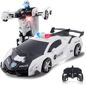 Carox Transform Remote Control Car - Transform Robot RC Cars, 2.4Ghz Transforming Police Car Toy with LED Light & DIY Stickers, One-Button Deformation Rotating Drifting Toys (Police Car White)
