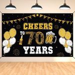 DARUNAXY 70th Birthday Black Gold Party Decorations, Cheers to 70 Years Banner for Men 70 Year Old Birthday Party Supplies, Large Fabric 70 Birthday Backdrop Photography Background for Women