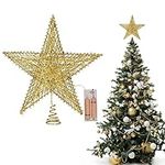 Belle Vous Gold Christmas Tree Star Topper - 26cm / 10.24 Inches - Metal Glitter Battery Powered LED Tree Top Light - Xmas Tree Ornament for Home Decoration/Indoor Holiday Party