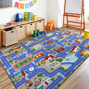 Capslpad Blue Car Road Kid Rug Carpet Playmat for Playoom Traffic Road Kids Play Mat for Toddler Non Slip Washable City Map Race Track Carpet Rug for Kids Room Bedroom Nursery Room Decor,5'x 6'6"