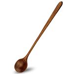 Long Spoons Wooden, 1 Pieces Korean Style 10.9 inches 100% Natural Wood Long Handle Round Spoons for Soup Cooking Mixing Stirrer Mukbang Kitchen Tools Utensils(Korean Style Soup Spoon)