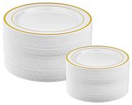 Prestee 50-pc Plastic Gold Plates, 25 Plastic Dinner Plates and 25 Salad Small Plastic Plates, White/Gold Rimmed Plastic Plates for Dessert Appetizer Parties Holiday Wedding Plastic Plates