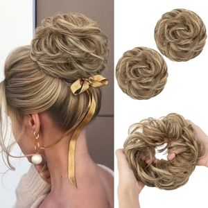 SARLA 2PCS Messy Hair Bun Hair Pieces Wavy Curly Synthetic Updo Fake Scrunchies Ponytail Extension for Women Sandy Brunette