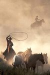 Cowboys On Horseback Wrangling Horses On Dusty Ranch Western Lasso Horse Farm Animals Moody Sepia Style Photo Photograph Cool Wall Decor Art Print Poster 24x36