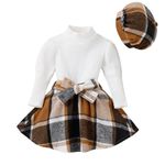 Toddler Girl Fall Clothes 3 4 years Long Sleeve Ribed T-Shirt Knit Tops Plaid Mini Skirt Sets cap belt Winter Outfits