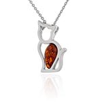 AMBEDORA, Women's Origami Cat Necklace, Platinum Plated Sterling Silver, Baltic Natural Amber in Cognac Colour, Platinum Plated Pendant with Chain