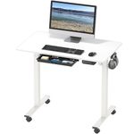 SHW 40-Inch Small Electric Height Adjustable Mobile Sit Stand Desk with Drawer, Hanging Hooks and Cable Management, 40 x 24 Inches, White