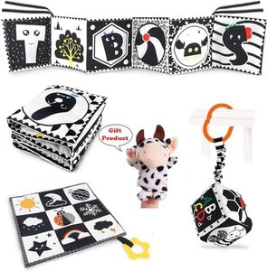 3 Pcs Black White Newborn Toys - High Contrast Toys - 0-3 Months Baby Toys and Cow Finger Puppet with Gift - Babies Sensory Soft Book For Early Education - Infant Tummy Time Toy 0 6 9 Months Baby Gift