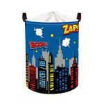 Clastyle 45L Large Blue City Skyline Kid Laundry Hamper with Handle Hero Building Silhouettes Clothes Toy Storage Basket with Lid for Nursery