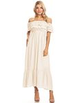 ANNA-KACI Womens Boho Peasant Ruffle Stretchy Short Sleeve Long Dress, Beige, X-Large