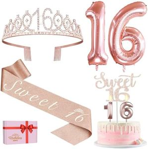 Amosking Sweet 16 Birthday Decorations for Girls, Including Sweet 16 Cake Toppers, Crown/Tiara, Sash, Candles, Sweet 16th Birthday Gifts for Girls. Sweet 16 Party Decorations