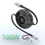 100W Retractable USB C Cable, USB A/USB C to USB C PD 5A Fast Charging Cord with Data Transfer, 100W USB C Retractable Phone Charger for iPhone 15/Pro/Plus/Pro Max, MacBook,Samsung S23