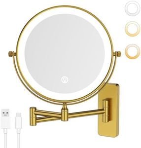 GURUN 8" Rechargeable Wall Mounted Makeup Mirror- 10X Magnifying Mirror with Light | 3 Color LED Lighting & Touch Control | 360° Rotation & Extended Arm | Dual-Sided Bathroom Mirror M1406DGJ(8",10X)
