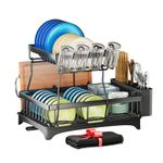 SAYZH Dish Drainer, Detachable 2 Tier Dish Racks for Kitchen Counter, Dish drying Rack with Utensils Holder, Cup Rack, Large Capacity Dish Draining Rack with Extra Drying Mat (Black)