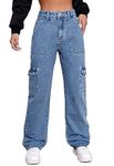 Metietila Women's High Rise Cargo Jean Stretch Straight Wide Leg Jeans Denim Pants for Women Denim Blue XL