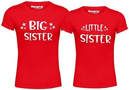 Hangout Hub Girl's Cotton Regular Fit-Big Sister Little Sister-Family Kids Sibling Matching Twinning T Shirts-Set of 2, Red, Big Sis- 4-6 Years, Lit Sis- 4-6 Years