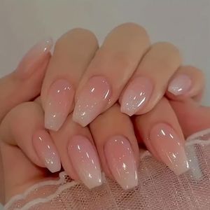 24 Pezzi Unghie Finte Adesive Rosa Gradiente Medio Bara Stampa sulle Unghie Ballerina French Unghie Artificiali Acrilico Copertura Completa Stick sulle Unghie per Donne Ragazze Manicure Fai da Te