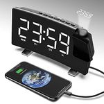 Projection Alarm Clock with FM Radio,USB Charger, 8"LED Mirror Screen Big Digit, 180° HD 5-meter projection Alarm Clock with Snooze Function/3 Dimmer/Dual alarm clock /Power Failure Memory (001)