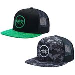 BASSDASH 2 Pack Flat Brim Trucker Cap Adjustable Snapback Hat Mesh Back for Men Women Fishing Hunting, Green and Black, Night Digital Camo, One Size