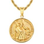 KRKC&CO 2.5mm St Christopher Necklace for Men, 22" Pendant Necklace Protector Talisman, Coin Medallion, 18K Gold Plated Protection, 9ct Saint Christopher Necklace Gold Stainless