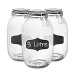 Argon Tableware 3x 3000ml (3 Litre) Clear Glass Storage Jars with Chalkboard Labels Black Airtight Silicone Seal and Metal Clip Lids - 105.5oz Large Empty Kitchen Containers