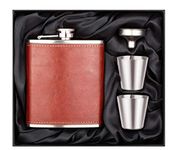 Icy Shots Leather Wrapped Stainless Steel Hip Flask 8 Oz (230 Ml) for Men Women - Liquor Or Wine Whiskey Alcohol Beverages Pocket Holder with Two Shot Glasses and Funnel Bar Set Gift Box - Brown