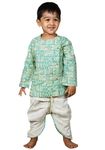 POLKA TOTS Boy's Full Sleeves Geometric Print Cotton Angrakha Kurta Dhoti Pant Set, Traditional Ethnic Wear for Kids - Cream & Green, 18-24 Months