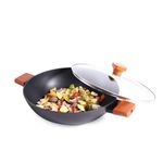 Wonderchef Caesar Forged Virgin Aluminium Kadhai with Glass Lid, 28cm, Black, Greblon C3 Non-Stick Coating, PFOA Free, German Beechwood Handles, Use for Frying, Cooking Rice/Biryani, Gravies, Dals