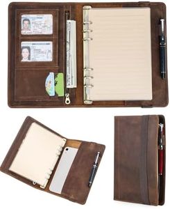 A5 Leather Portfolio Organizer Top Grain Leather Vintage Folder for Loose-Leaf Paper, iPad mini, Pen&ID, Multi-Functional Business Daily Use for Men&Women