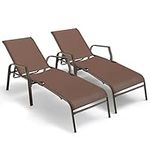 COSTWAY Set of 2 Folding Sun Lounger, 5 Positions Adjustable Stackable Deck Reclining Chair, Metal Frame Outdoor Chaise Lounge Leisure Sunbed for Garden, Patio and Poolside (Coffee)