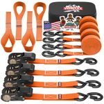 Vehiclex Ratchet Tie Down Straps – 15 Ft Long - Upgraded 2200 lb Break Strength – 4 Pk Orange Motorcycle & Powersports Tie-Downs & Soft Loops, Vinyl Coated Full Bent Closed S-Hook & Rubber Handle