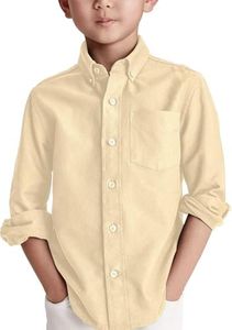 Boys' Long Sleeve Dress Shirts Classic Collared Button-Down Tshirt Solid Cotton Top with Chest Pocket Khaki