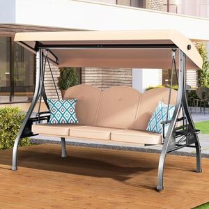 ZZW 3 Seat Outdoor Porch Patio Swing with Stand 800lbs 2-in-1 Convertible Swing Bed with Adjustable Canopy & Removable Cushion for Yard Garden Deck (Khaki, Square Tube)