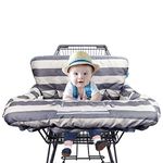 Shopping Cart Cover for Baby boy Girl, Cotton, with Cellphone Carrier and Storage Pouch Bottle Hanger, Reversible Grocery Cart Cushion Liner Infant High Chair Cover Large Size Grey