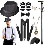 1920s Men Costume Accessories, Foldable Metal Crutches Pocket Watch Fedora Hat Suspenders Halloween Party