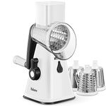 Yabano Rotary Cheese Grater Cheese Shredder with Handle, Vegetable Slicer for Kitchen, 3 Replaceable Stainless Steel Drum Blades, Easy To Use & Clean, Powerful Suction Base with Cleaning Brush (White)