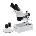AmScope SE306R-PZ Forward Binocular Stereo Microscope, WF10x and WF20x Eyepieces, 10X-80X Magnification, 2X and 4X Objectives, Upper and Lower Halogen Light Source, Pillar Stand, 120V, White