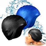 Sadodo 2PCS Pack Swim Cap,Cover Ears Swimming Cap Bathing Hat Silicone Waterproof, With ear protection For Unisex Aldult Women Man (Blue+Black)