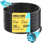 CircleCord 30 Amp 50 Feet RV Power Cord Twist Locking, Heavy Duty 10 Gauge 3 Wire STW Pure Copper Wire with Grip Handle, TT-30P to L5-30R with Cord Organizer for RV Trailer Campers