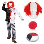 Adults Halloween Scary Clown Costume - XX-Large - Clown Tunic and Trousers, Red Clown Wig, Red Nose, Facepaint - Adults Horror Fancy Dress For Halloween