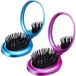 2 Pieces Folding Travel Mirror Hair Brushes Round Folding Pocket Hair Brush Mini Hair Comb Compact Travel Size Hair Massage Comb for Women and Girls (Blue, Pink)