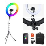 NEEWER 18 Inch RGB LED Ring Light APP Control with Stand and Phone Holder, 42W Dimmable 2500K-10000K GM±50 Bi Color CRI97+/TLCI98+ 360° Full Color 18 Scene for Selfie Makeup TikTok Vlog, RGB18 II