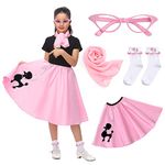 Rabtero Kids Sock Hop Costume, 50's Poodle Skirt with Scarf, Glasses and Socks for Girls 4-6, Small, Pink