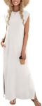 Zeagoo Womens Cap Sleeve Summer Dress Casual Loose Round Neck Dress Long Split Dresses Maxi Beach Sundress with Pockets Travel Vacation Hawaiian Outfits White L